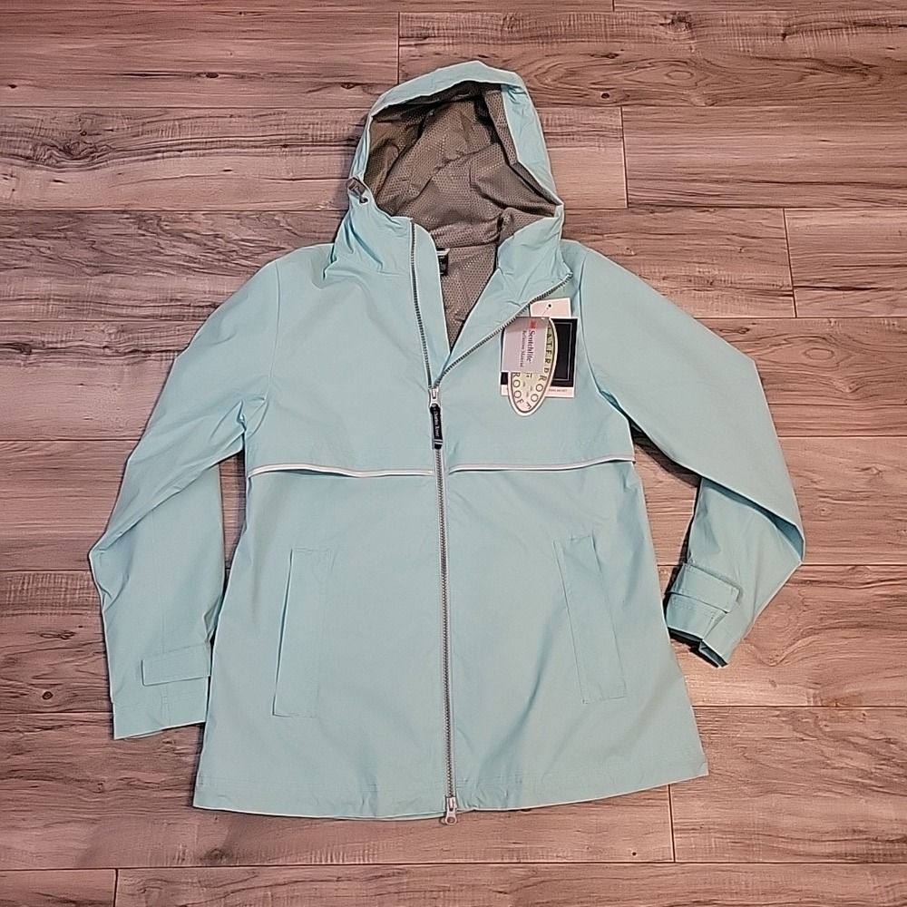Charles River Hoodie Rain Coat Womens Small Long Sleeve Aqua Reflective Full Zip